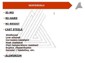 Materials: SI-MO, NI-HARD, NI-RESIST, CAST STEELS, ALUMINIUM